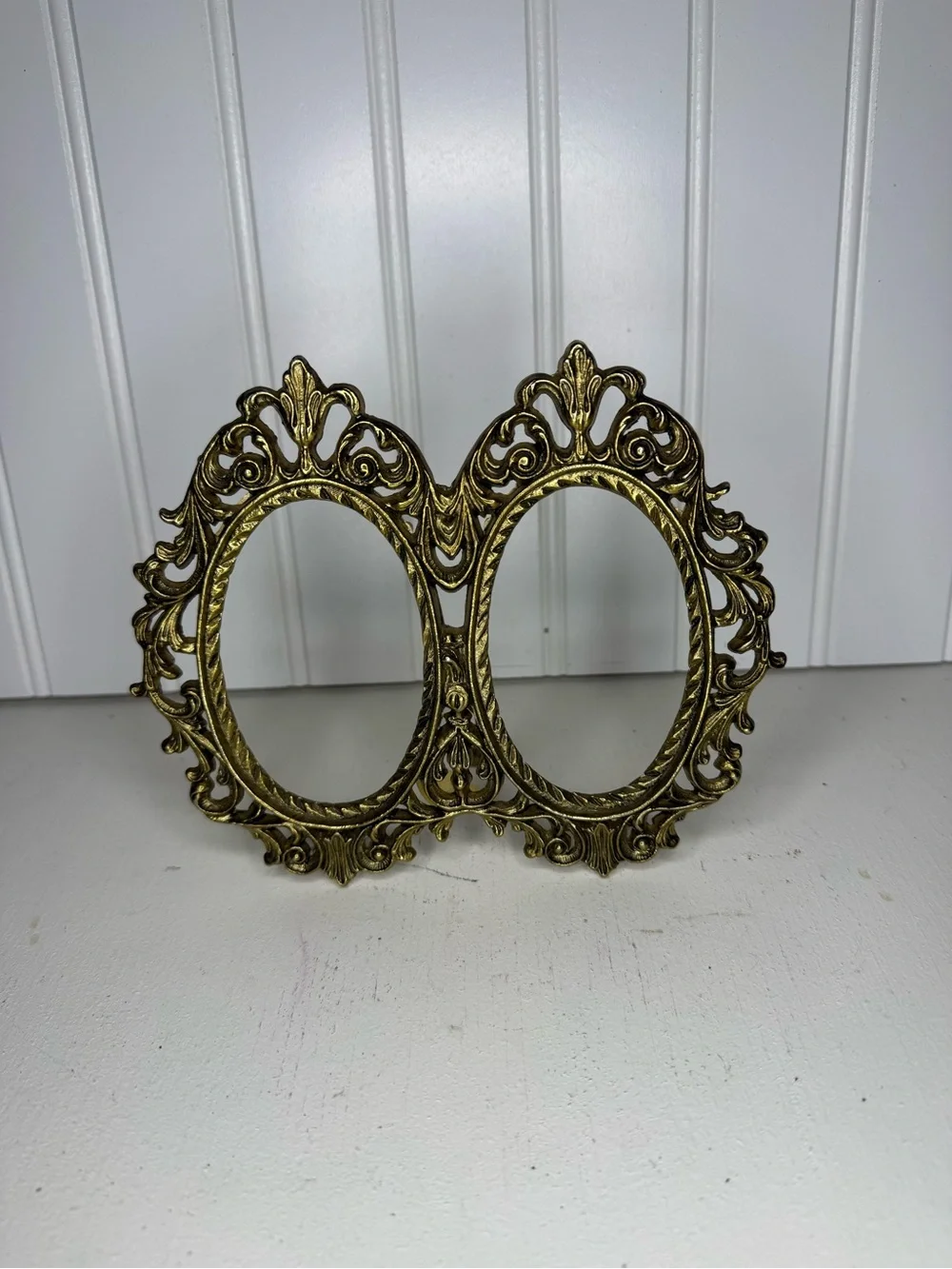 Antique Brass Tone Double Oval Frame with Stand, Vintage Art Nouveau Ornate Fram